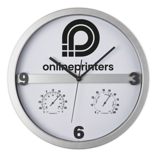 Silverfrgad vggklocka med termometer och hygrometer.