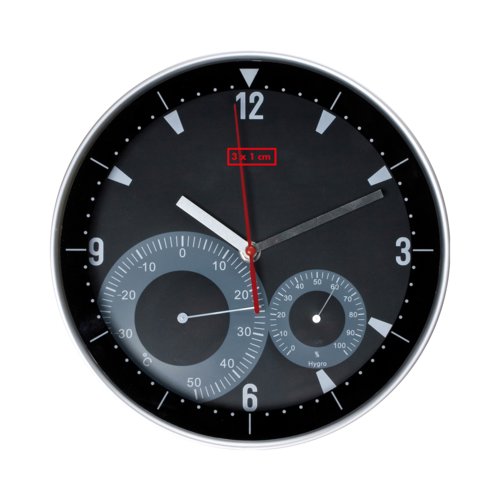 Svart vggklocka med integrerad termometer och hygrometer.