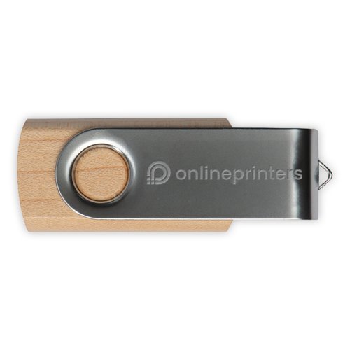 USB-minne i tr med roterande metallhlje.