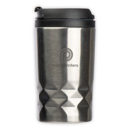 Silverfrgad isolerad mugg i rostfritt stl med svart lock.