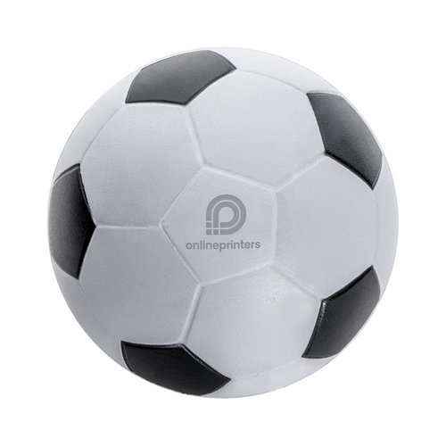 Vit anti-stressboll i skum med fotbollsdesign.