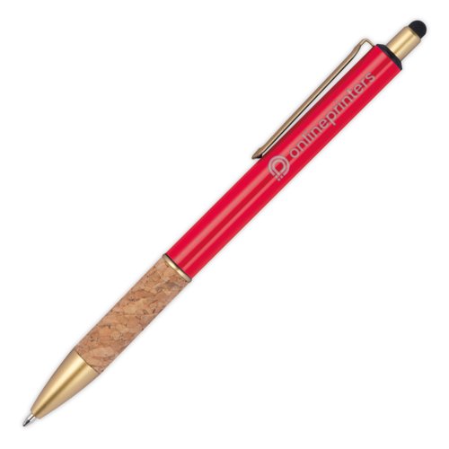 Rd metallkulspetspenna med korkgrepp och touchpen-funktion.