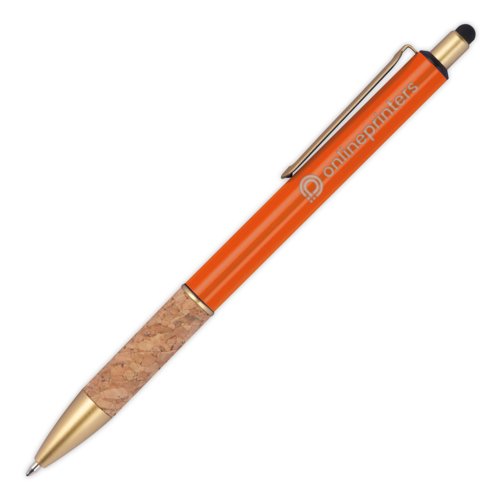 Orange metallkulspetspenna med korkdetaljer, klmma och pekpenna.