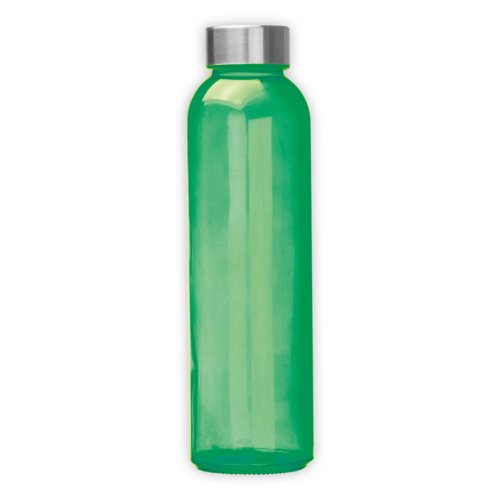 Grn glasflaska med skruvlock.