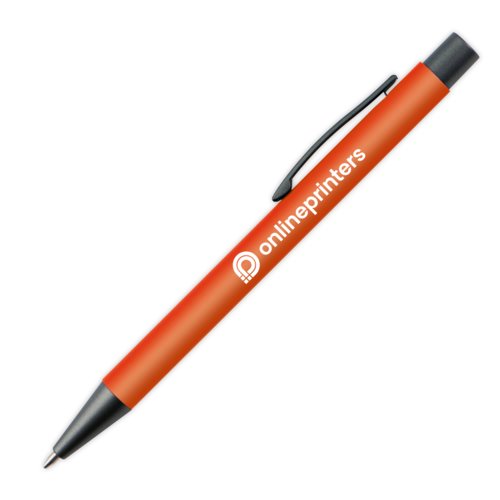 Orange plastkulspetspenna med klmma och tryckknapp.