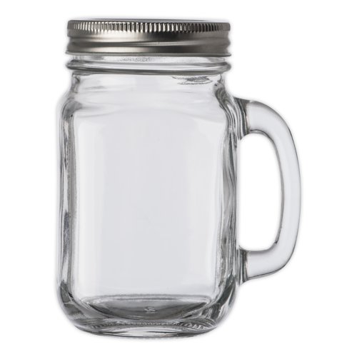 Transparent dricksglas i glas med handtag och skruvlock.