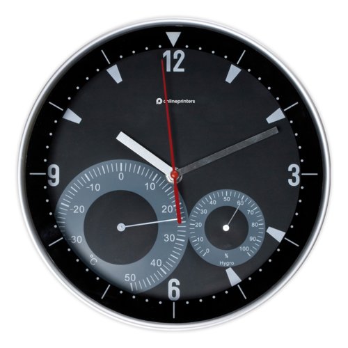 Svart vggklocka med analog display och integrerad termo-hygrometer.