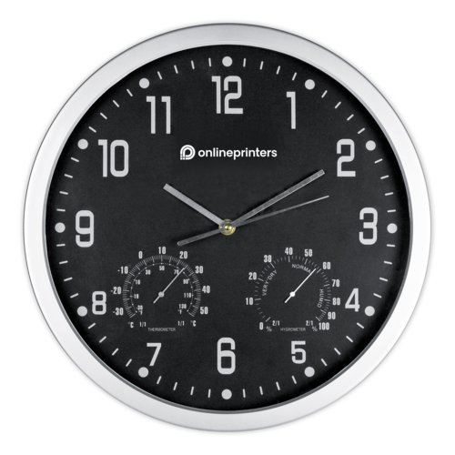 Svart vggklocka med termometer och hygrometer.