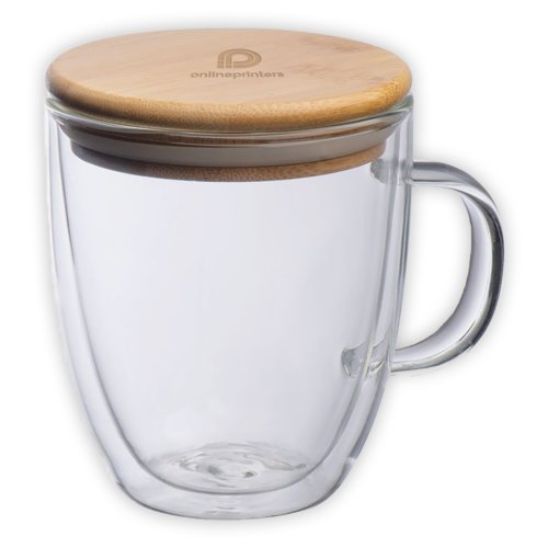 Transparent, dubbelvggig glaskopp med bambulock och handtag.