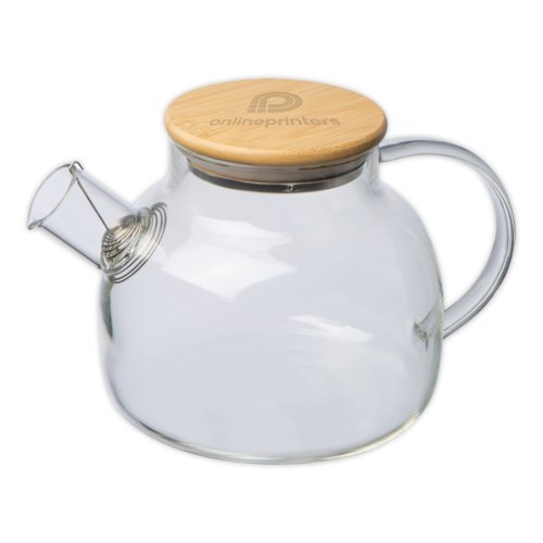 Genomskinlig tekanna i glas med bambulock och handtag.