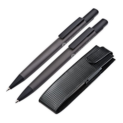 Antracitfrgat metallskrivset med pennor och etui.