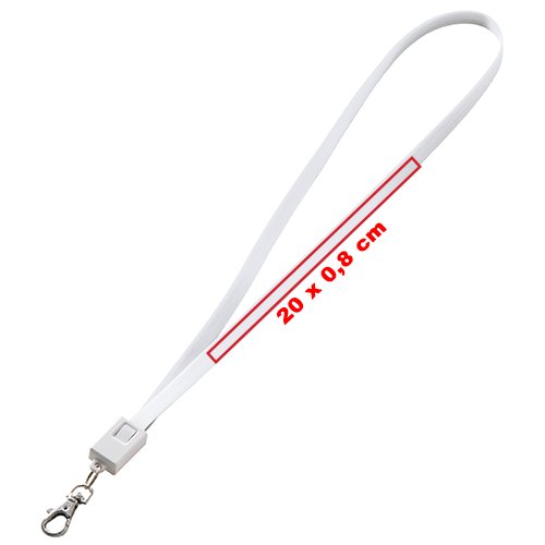 Vit polyester nyckelband med karbinhake och universell laddningskabel.