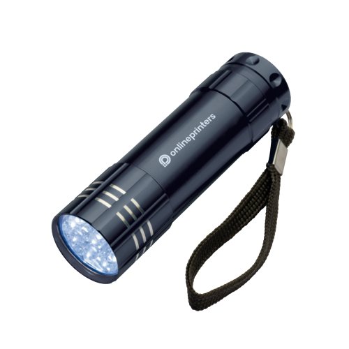 Svart LED-lampa i metall med handledsrem.