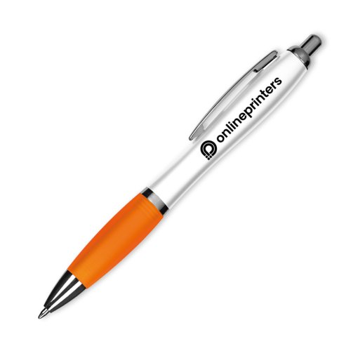 Orange plastkulspetspenna med klmma och tryckknapp.