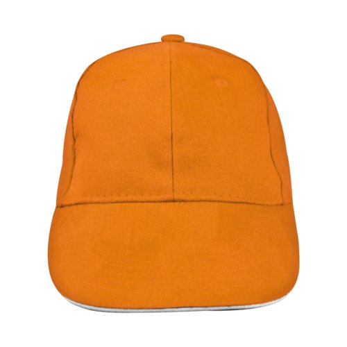 Orange tyg baseballkeps med 6 paneler och frstrkt framsida.