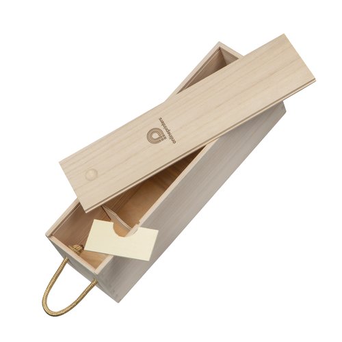 Beige vinlda i tr med lock och rep handtag.