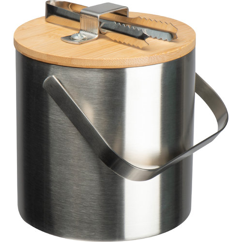 Silverfrgad isbehllare i metall med trlock.