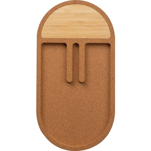 Beige skrivbordsorganisatr i kork och bambu med fack.