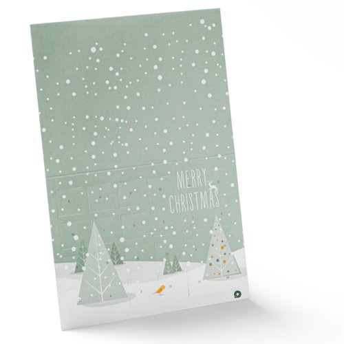Gr�n adventskalender i papper att �ppna med numrerade luckor.