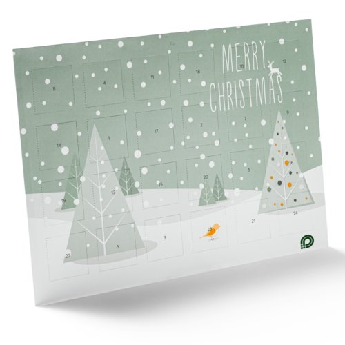 Pappersadventskalender med jultema och 24 luckor.