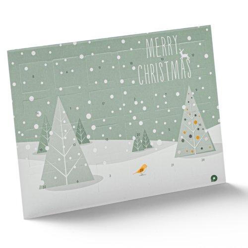 Gr�n pappersadventskalender med numrerade luckor.