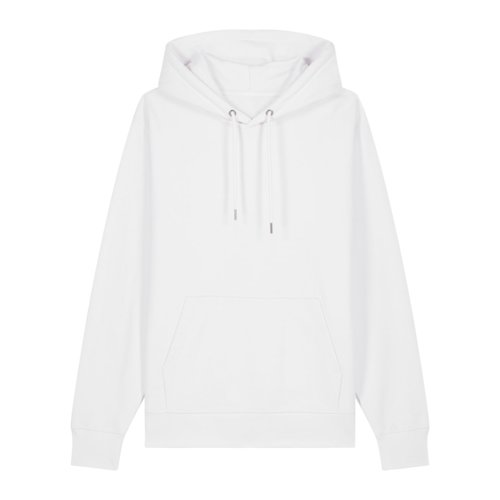 Vit bomullshoodie, unisex, med huva och knguruficka.
