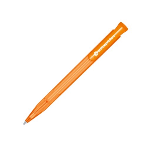 Orange plastkulspetspenna med tryckknapp.