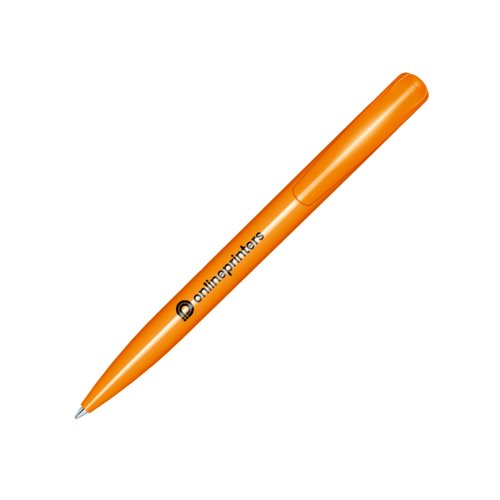 Orange plastkulspetspenna med polerad yta och klmma.