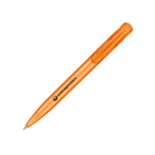 Orange plastkulspetspenna med tryckknapp.