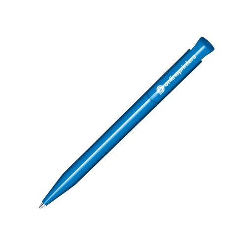 Bl plastkulspenna med blank finish och tryckknapp.