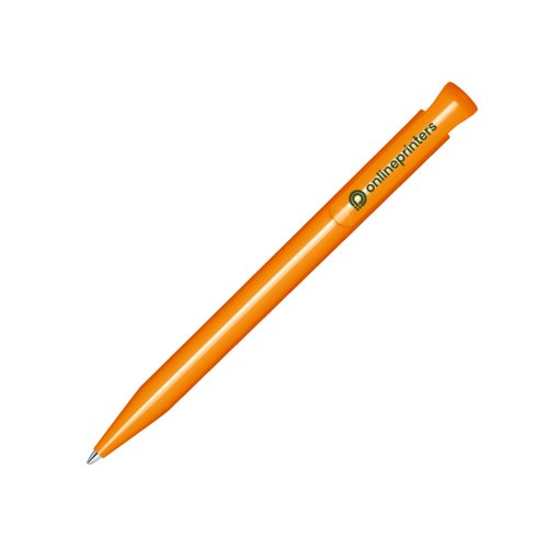 Orange plastkulspetspenna med polerad finish och tryckmekanism.