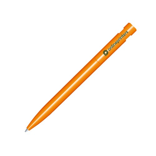 Orange plastkulspetspenna med polerad finish och tryckmekanism.