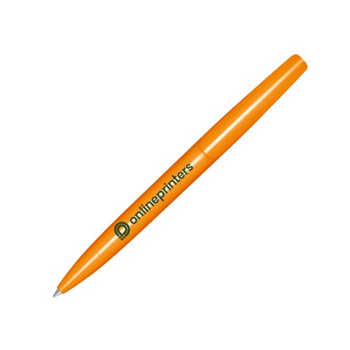 Orange plastkulspenna med vridmekanism.