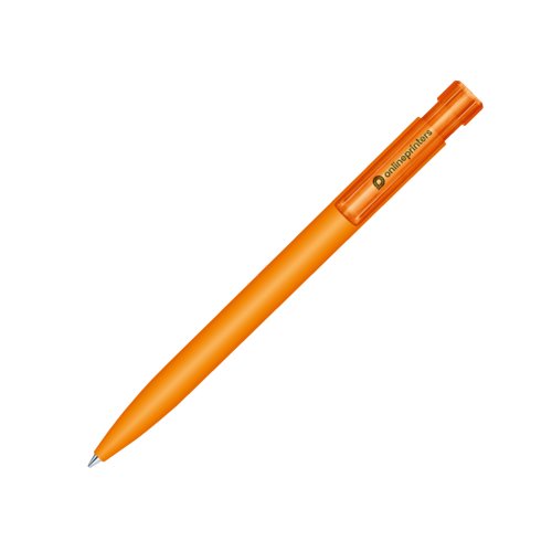 Orange kulspetspenna med tryckmekanism och soft-touch yta.
