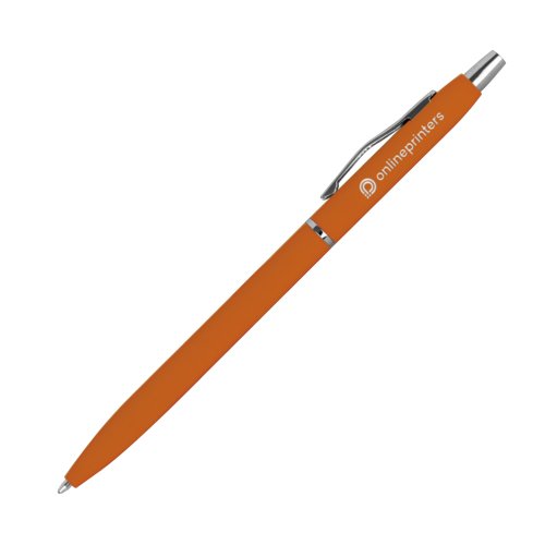 Orange metallkulspetspenna med klmma och tryckmekanism.