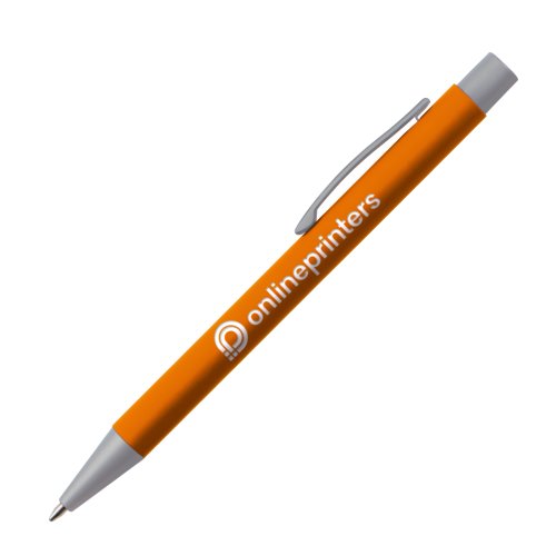 Orange kulspetspenna med klmma och tryckknapp.