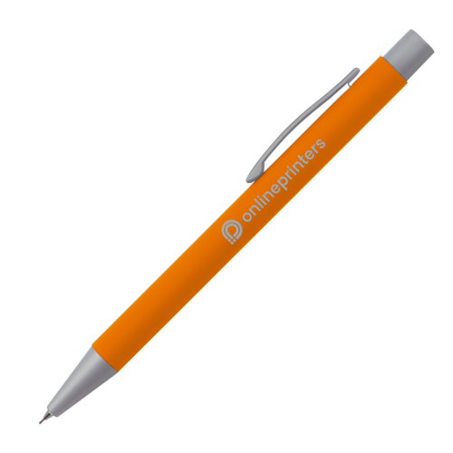 Orange stiftpenna med klmma och tryckmekanism.