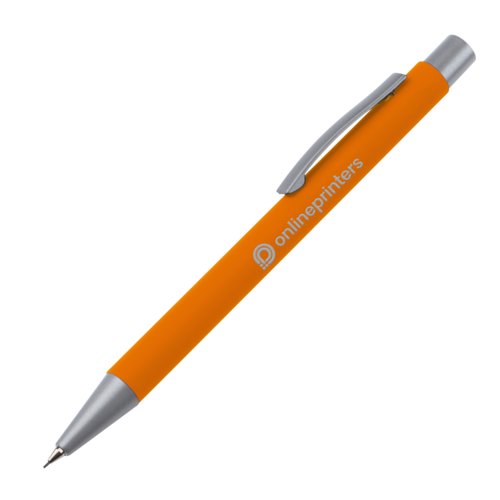 Orange stiftpenna med klmma och tryckmekanism.