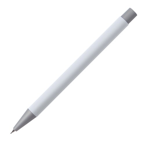 Vit stiftpenna med stift och tryckmekanism.