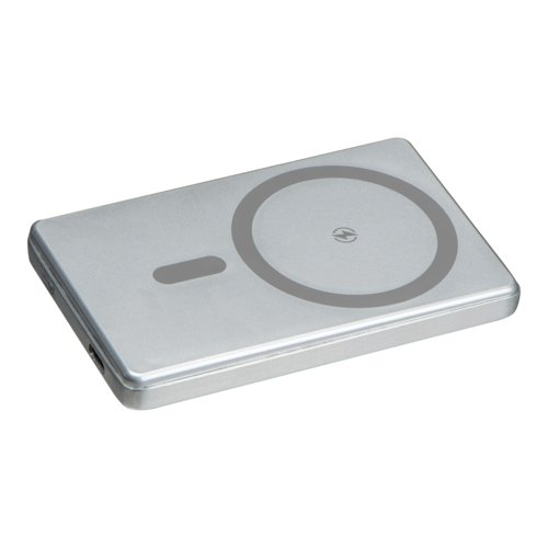 Gr powerbank med laddningsfunktion och USB-port.