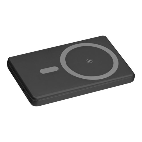 Svart powerbank med en kapacitet p 5 000 mAh.