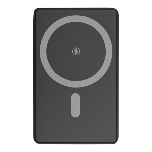 Svart powerbank med 5 000 mAh kapacitet.