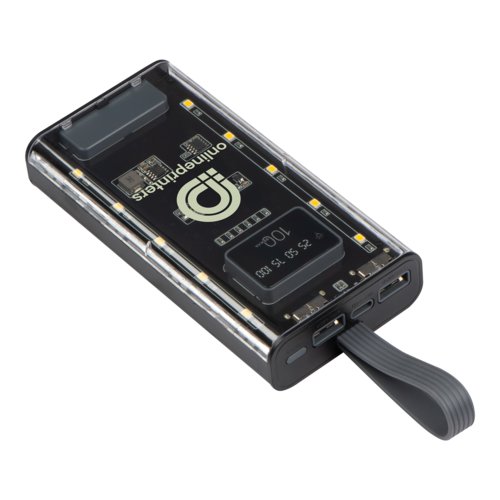 Transparent powerbank med USB-portar och brrem.