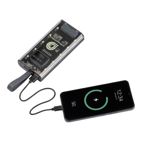 Transparent powerbank med USB-port och laddningsnivindikator.