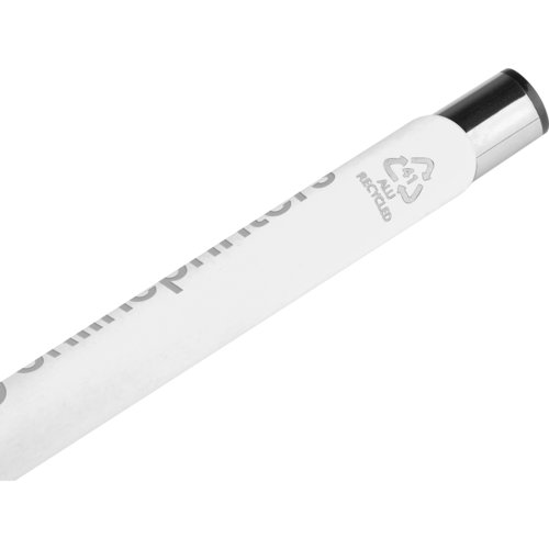 Vit gelpenna med metalldetaljer och lock.