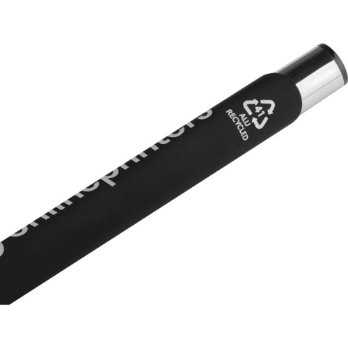 Svart gelpenna med halvflytande blck och lock.