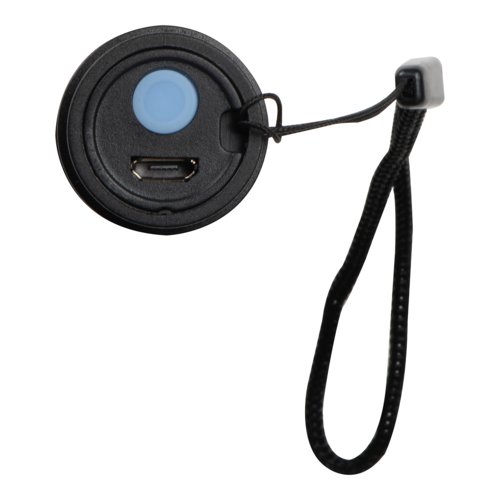 Svart, uppladdningsbar ficklampa med handledsrem.