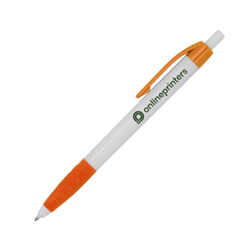 Orange plastkulspetspenna med klmma och tryckknapp.