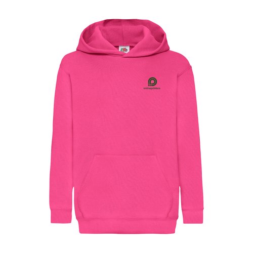 Fuchsia bomull-polyester hoodie fr barn med huva och knguruficka.