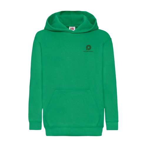 Grn bomull-polyester hoodie fr barn med huva och knguruficka.